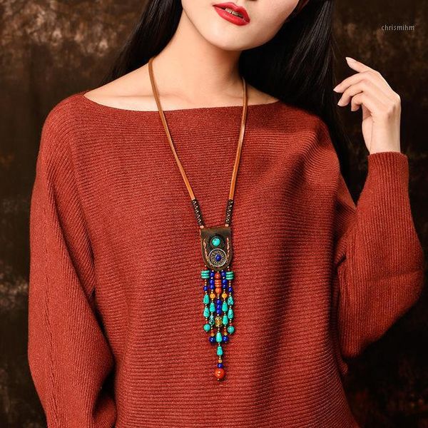 Collane con ciondolo Strato superiore etnico di moda di gioielli in pelle Collana tibetana, collana di pietre vintage, collana con pendenti da donna1