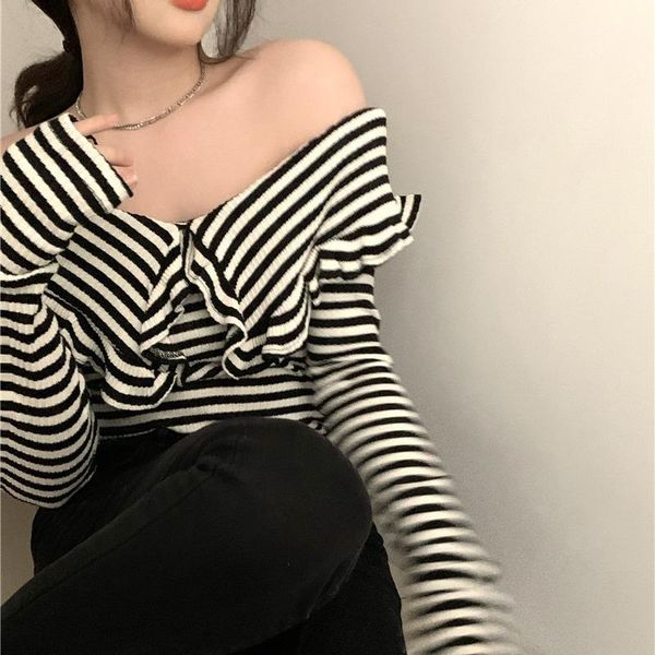 

en jun] a2850 autumn xiao qi zhi flounced strapless design t-shirt female stripes long-sleeved upper garment1, White
