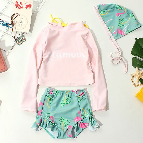 

wholesale 2021 new summer girls floral swimwear 2-pcs set long sleeves high waist with cap swimsuit children clothes e8891, Blue