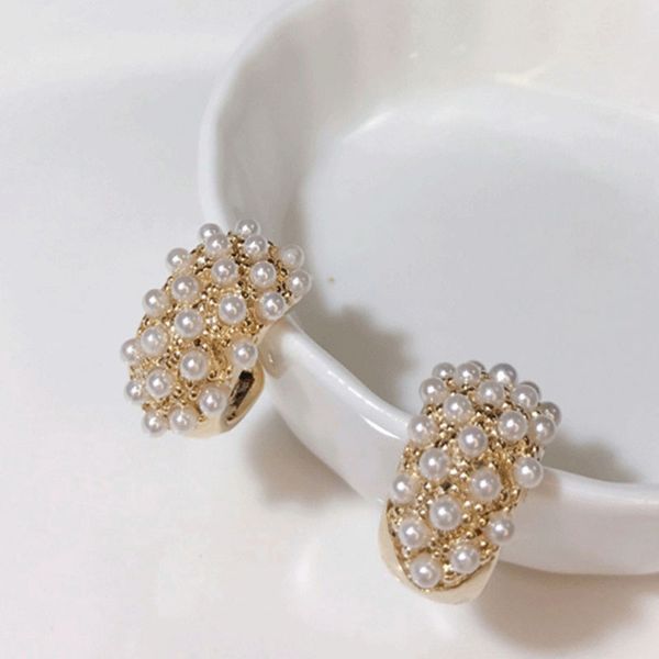 

hoop & huggie korean full pearl earrings for women girl gold color alloy c shape pendant statement wedding bridal jewelry gift, Golden;silver