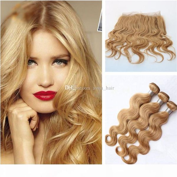 

strawberry blonde color 27 hair weaves with pre plucked 360 frontal body wave human hair weft weaves with 360 lace band frontal, Black;brown