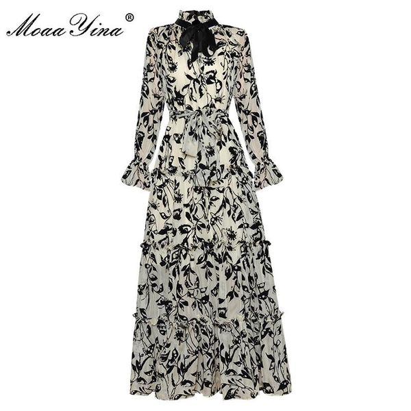 

moaayina fashion designer dress spring women's lace-up dress stand collar flare sleeve printed bohemia vacation dresses, Black;gray