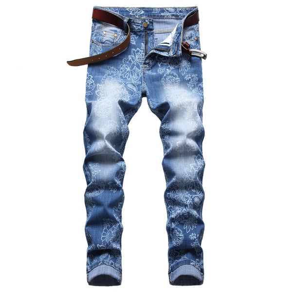 

men slim fit ripped jeans fashion straight leg stretch printed biker denim pants mens blue regular trousers big size d672
