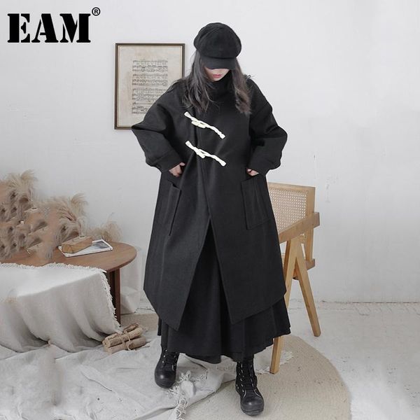 

women's wool & blends [eam] black asymmetrical horn button big size thick woolen coat parkas long sleeve women fashion autumn winter 20