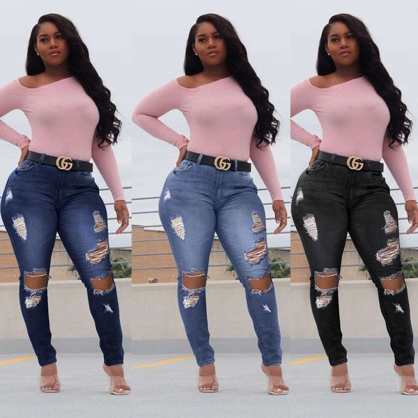 

2020 women's personalized fashion big hole denim leggings8uy, Blue