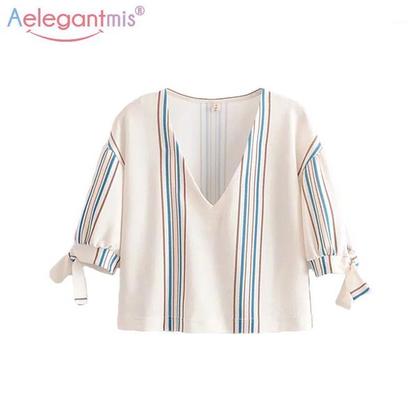 

aelegantmis deep v neck spring summer new women blouse elegant half sleeve striped blouses ladies casual shirt 1, White