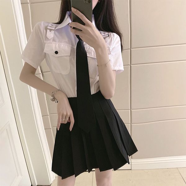 

2021 Woman Two Parts Summer New Student 2 Defines Short Sleeves Long Shirt High Waist Skirt Plied Suit Three Piece Joint L58D, Gray