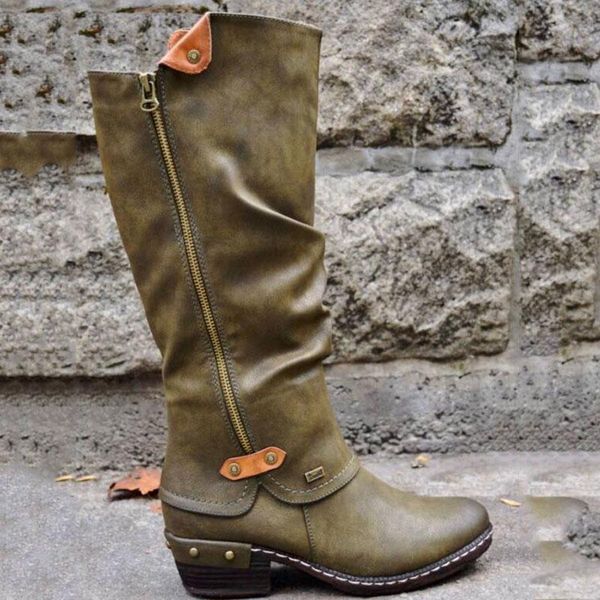 

women knee high boot leather boots round toe side zipper boots casual shoes for winter sale-wt, Black