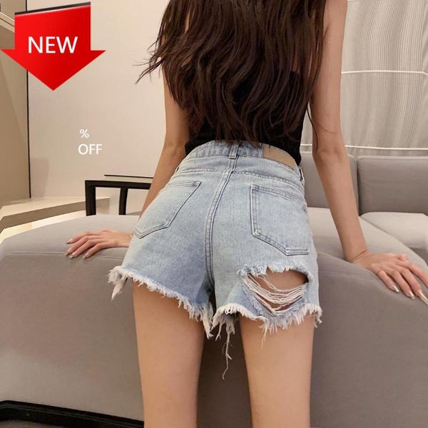 

women's jeans edition of tall waist hole denim shorts girl beautiful buttock pants, Blue