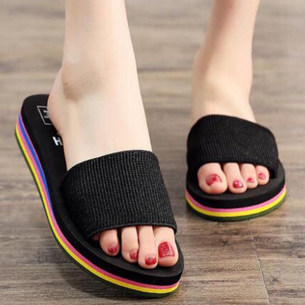 

summer new slipper eva high-heeled flip-flops flat platform elastic band beach sandals seaside resort women's slippers sh151, Black