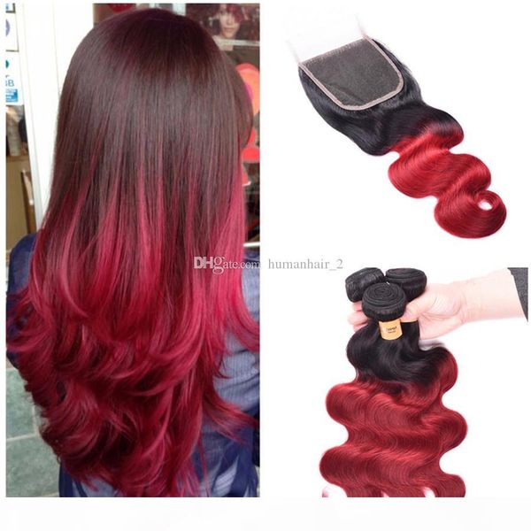 

red human hair bundles with lace closure two tone 1b red peruvian virgin hair extension with lace closure 4pcs lot, Black;brown