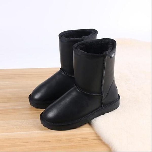 

leather snow boots women's new style cowhide women's boots mid-cut plus cashmere warm cotton shoes ladies non-slip cotton, Black