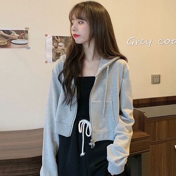 

pvcxu gray new autumn internet celebrity coat coat zipperloose korean style short 2020 cardigan zipper long sleeve hooded sweater zipperswea, Black