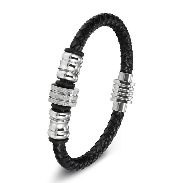 

xqni 6mm wide trendy men black leather bracelet 316l stainless steel geometric pattern bracelets with strong magnet clasp wmtqbw, Golden;silver