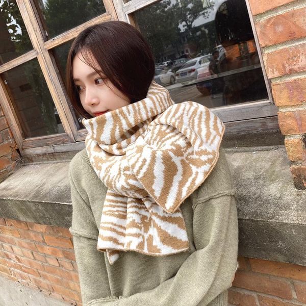 

ouoi fashion long warm bib autumn and winter selling knitted wool color-blocking zebra and leopard scarf striped, Blue;gray