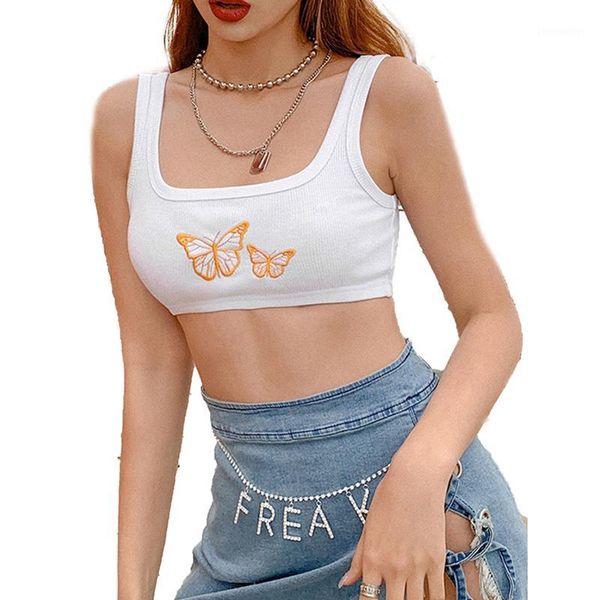 

women's shapers summer ladies short tank backless vest girls butterfly embroidery sleeveless u-neck camisole /by1, Black;white