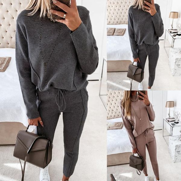 

new women's suit sweatshirt fashion high neck long sleeve pocket pants casual 2 piece set winter ladies autumn+pants high qualit, Gray