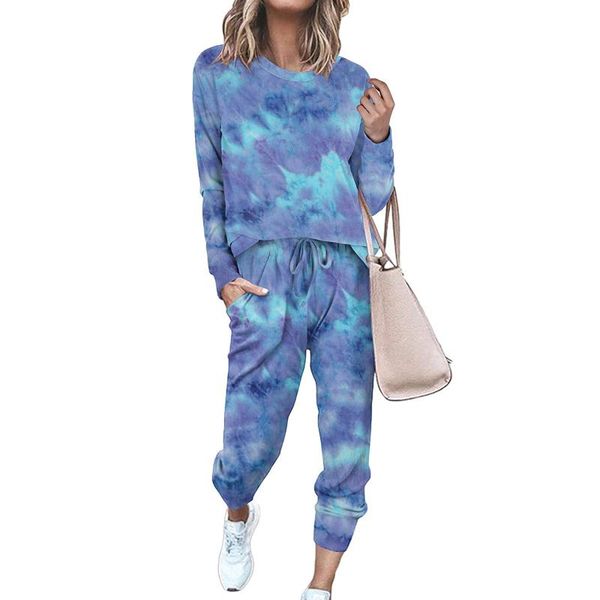 

tie-dye printing two-piece tracksuit ladies trend loose sportwear sweatshirt long pant casual comfortable suit clothes running, Black;blue