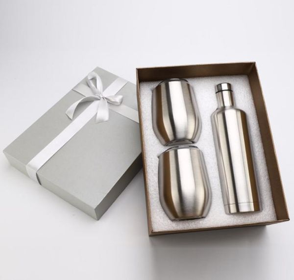 Weinbecher-Set, Eierbecher-Set, Glas-Set, Edelstahl, Geschenkverpackung. Eine Flasche mit 2 Bechern