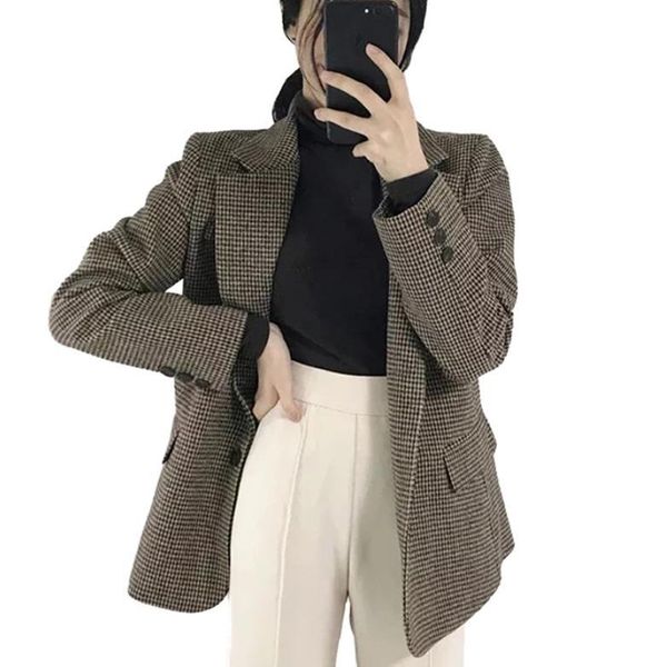 

fashion plaid blazers women spring autumn 2020 houndstooth loose woolen suit jacket, White;black
