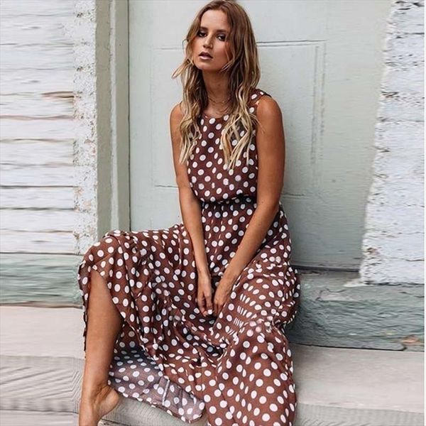 

maxi polka dot dress women boho summer beach party chiffon dress elastic waist dot casual long elegant vestidos, Black;gray