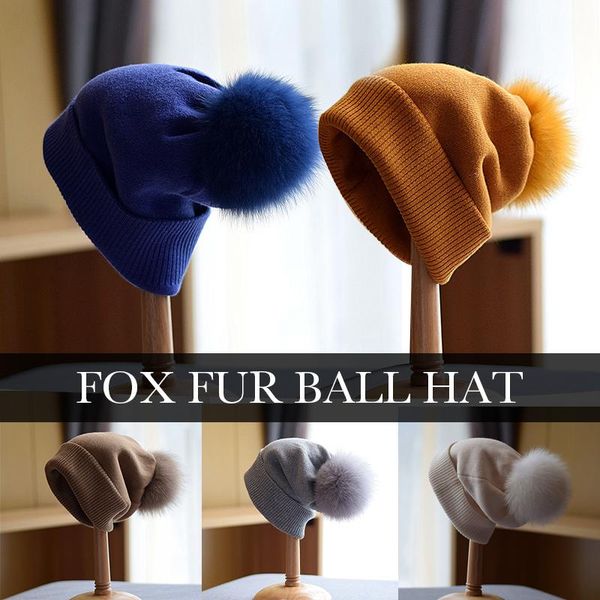 

chic wool real fur pom poms winter woman hats knitted warm casual skullies beanies girls elegant princess bonnet, Blue;gray