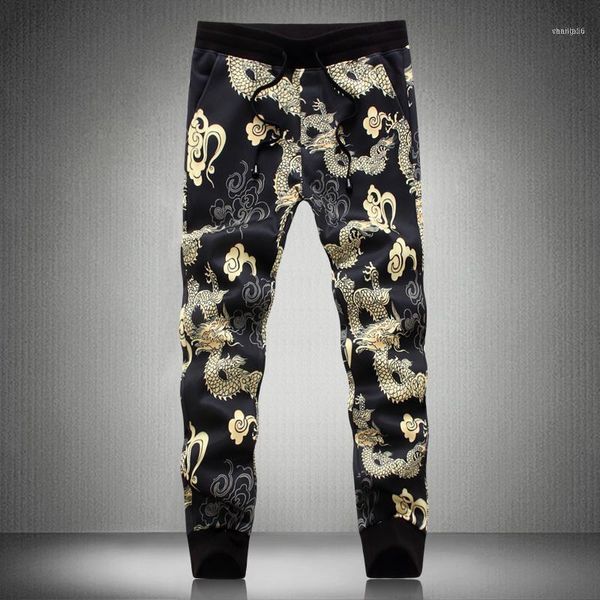 

pants men korean slim fit casual china dragon print harem pant man plus size autumn streetwear mens joggers 5xl-m11, Black