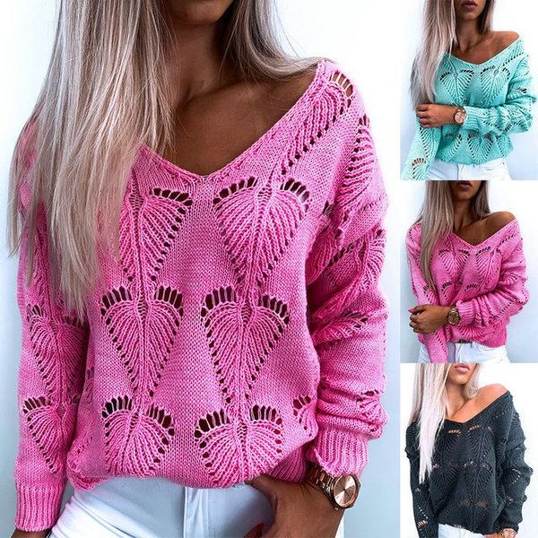 

fashion hollow out design see throough sweater women 2021 autumn winter v-neck long sleeve solid color casual loose knitted, White;black