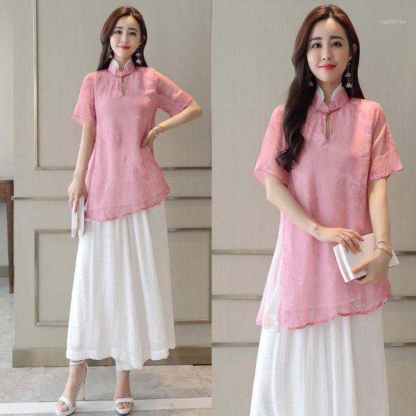 

pink slik cotton linen 2 piece set women summer crop and loose long pants suits chinese vintage casual outfit runway set1, White
