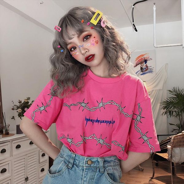 

summer harajuku t shirts women thorns print short sleeve loose tees new fashion streetwear casual female t shirts red black, White