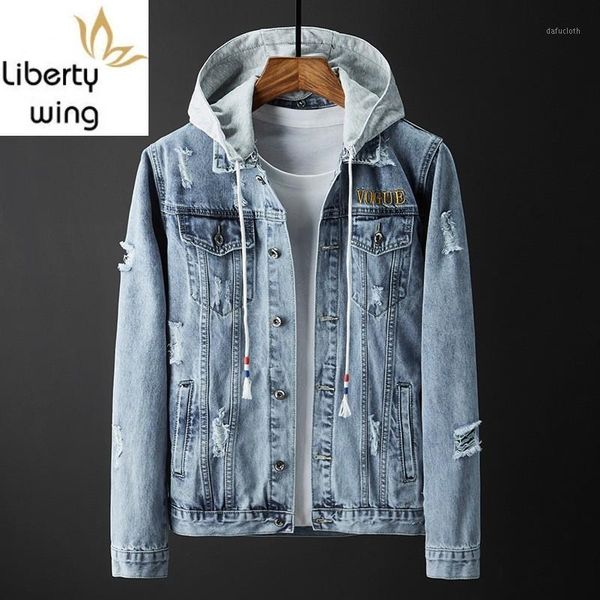 

spring 2020 hooded ripped hole washed denim coat men high street embroidered single breasted cowboy jacket light blue outwear1, Black;brown