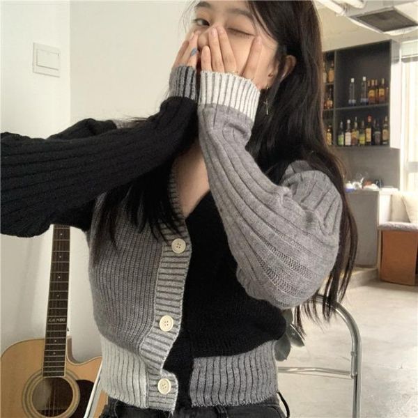 

retro color matching sweater cardigan coat women's knitwear autumn and winter 2020 the new short outerwear long-sleeved, White