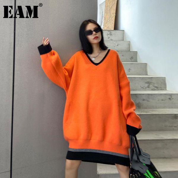 

women's sweaters [eam] orange big size knitting sweater loose fit v-neck long sleeve women pullovers fashion tide autumn winter 2021 1d, White;black