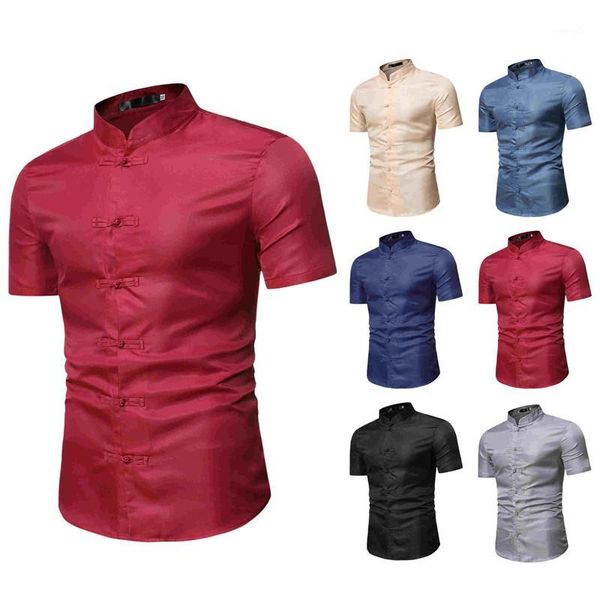 

men's new summer casual party cardigan solid standing collar short sleeve shirt cc081, White;black