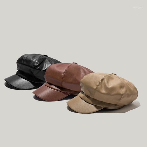 

stingy brim hats autumn winter sboy cap beret femme women solid color pu leather caps octagonal casual vintage for women1, Blue;gray