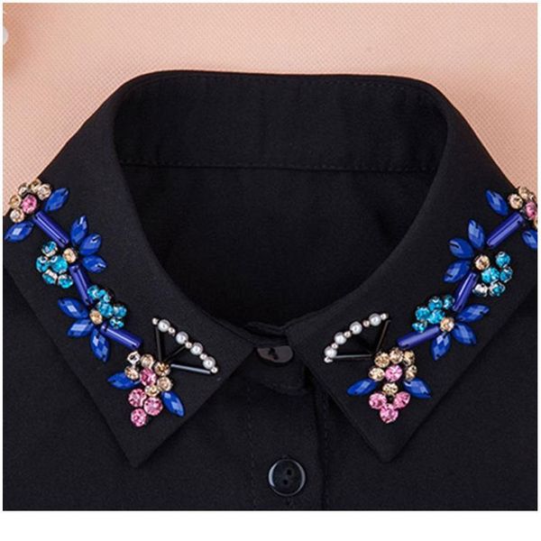 

women autumn chiffon detachable fake collar colorful faux diamond crystal floral lapel half blose decorative fal jllxpo, Blue;red
