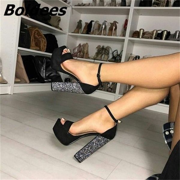 

boldees chic black suede chunky heel platform sandals line buckle style opentoe glittery sequins decorated block heeldress shoes y200702