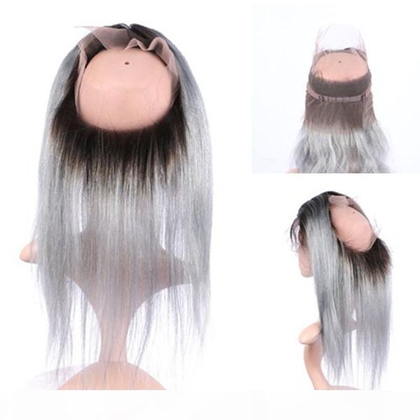 

two tone 1b grey ombre peruvian silk straight virgin human hair 360 pre plucked full lace frontal closure 22.5x4x2'' with baby hai, Black;brown