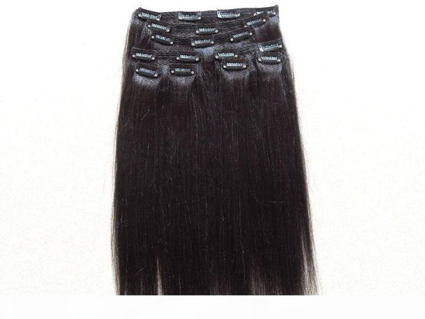 

brazilian human clips in hair extensions straight light yaki hair weft natural black color 100g one bundle 9pieces one set, Black;brown