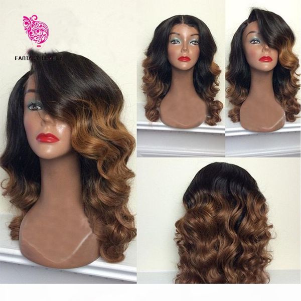 

ombre human hair wigs glueless #1b #8 two tone lace front human hair wigs full lace body wave with bleached knots ing, Black;brown