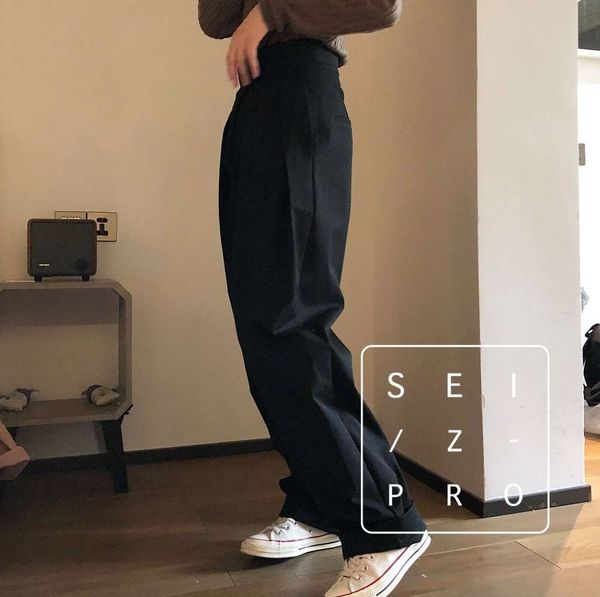 

louvre autumn south korean high waist pleated wide leg turnip loose and slim casual straight pants, Black;white