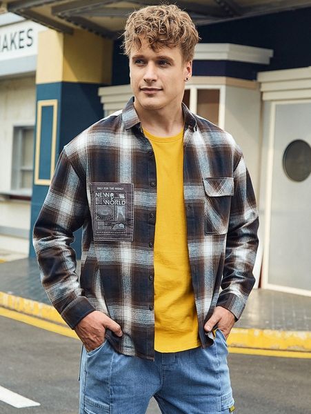 

men plaid & slogan graphic dual pocket shirt n1vx#, White;black