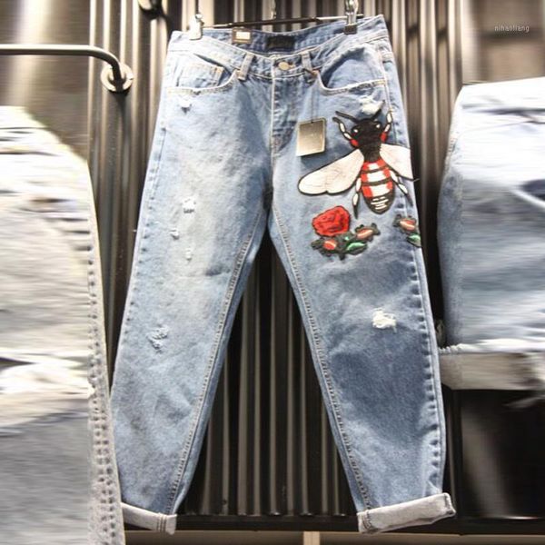 

bf style hole ripped jeans 2020 summer women embroidery denim high waist jeans straight slim female vintage for women1, Blue