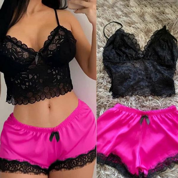 

pajamas women lace lingerie summer sleepwear satin thin v-neck cute backless pyjamas women pijama mujer 2xl, White;black