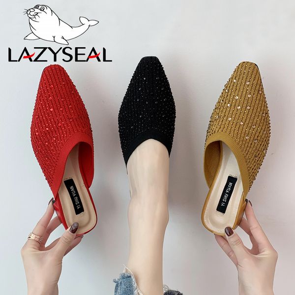 

lazyseal 3.5cm square heels bling crystal mules women slides slippers summer ladies breathable shoe slippers female shoes woman x1020, Black