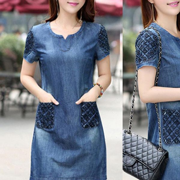 

38 women dress summer denim casual elegant cowboy section jeans dress with pockets short sleeve o neck dress vestidos verano, Black;gray