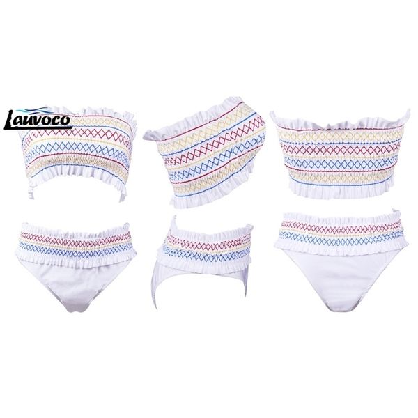 

striped printed bandeau bikinis set high waist ruched swimsuit ruffles swimwear women strapless bathing suit micro bikini y200319, White;black
