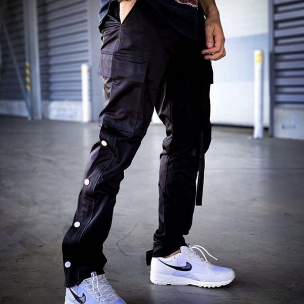 

hip hop dance cargo trousers with ribbons buckle high street casual men's streetwear techwear vintage zipper fashion pants, Black