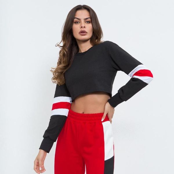 

dropship women black long sleeve stripped hoodies autumn printed cropped o neck bodycon pullover sweatshirt moletom crop