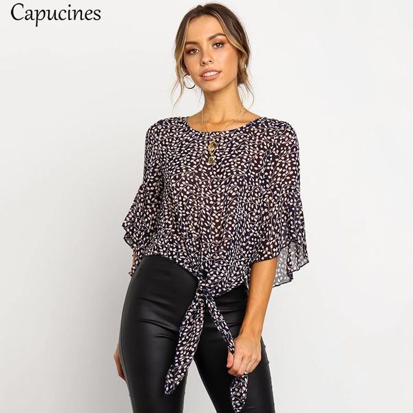 

print knotted hem chiffon blouse and shirt autumn half sleeve round neck casual loose for women elegant office wear1, White